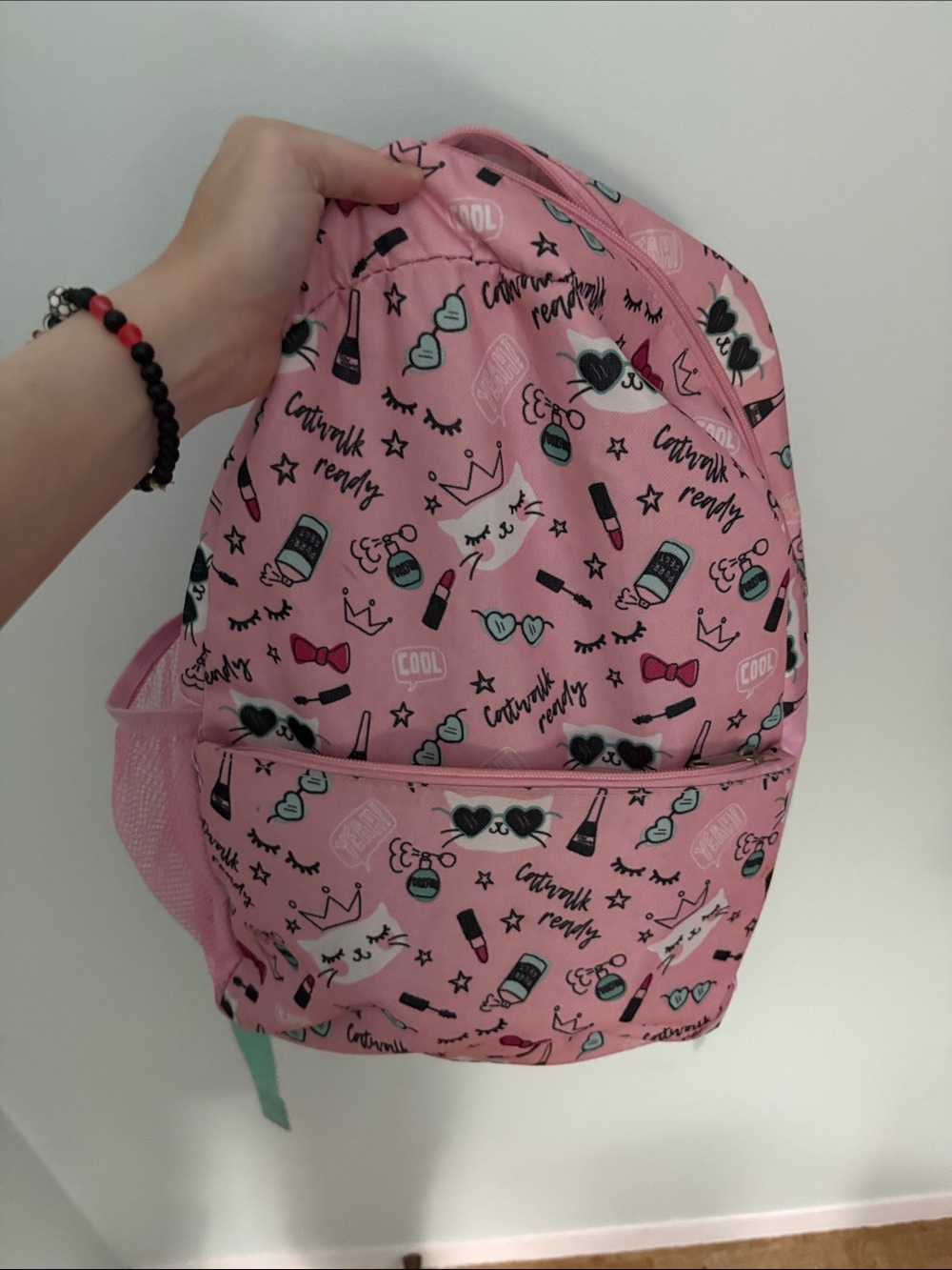 Pink Kids Backpack with Makeup & Crown Pattern